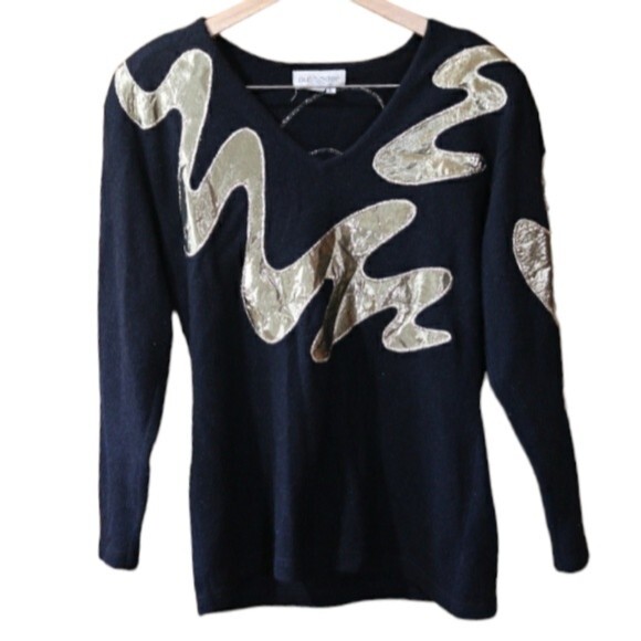 Outlander Vintage Black Metallic Gold Swirl Abstract Wool Angora Sweater - Picture 1 of 15